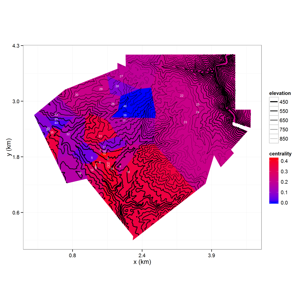 Elevation contour map overlaying a Thiessen polygon map of observation nodes (labeled in white). The polygons are colored by the degree centrality (a graph-theoretic measure) of its node.